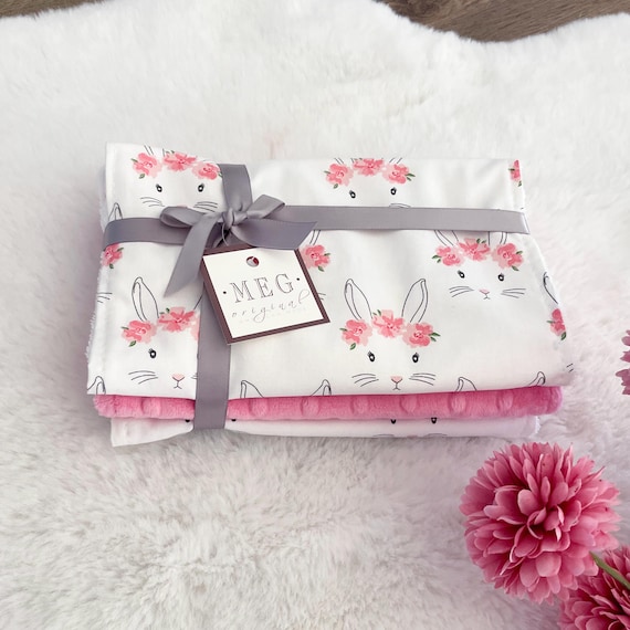 Baby Girl Burp Cloth Set { Bunnies in Flower Crowns } Option to Personalize with Embroidered Name or Initials Monogram- Great for Easter