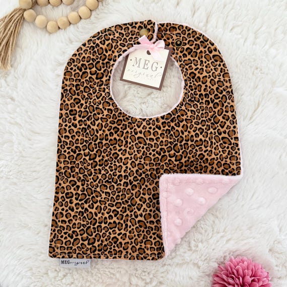Leopard Print Baby Girl Bib with Adjustable Snaps, Pink Minky Dot Backing + Personalization