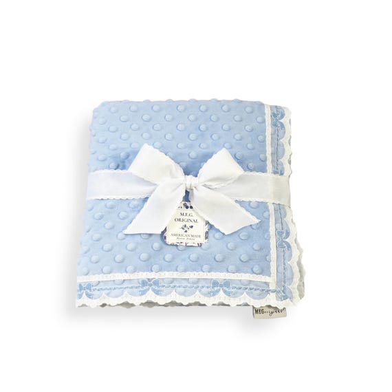 Blue Heirloom Minky Dot Baby Blanket Gift with White & Blue Bow Lace Trim Finishing + Option to Personalize w/ Embroidered Name or Initials