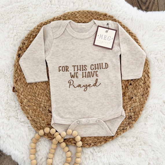 Christian Baby Bodysuit, Embroidered Bible Verse "For this child, we have prayed" Unisex Onesie