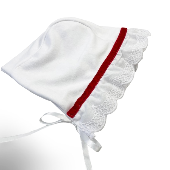 White Baby Girl Lace Ruffle Bonnet with Red Velvet Trim , 0-6 months Adjustable Tie Cap/Sun Hat Newborn Infant Photography/Photo Prop