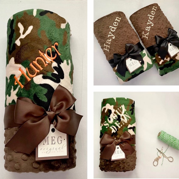 CAMO Minky Baby Boy Blanket { Camouflage } Backed with Super Soft Chocolate Brown Minky Dot, choose size and personalization