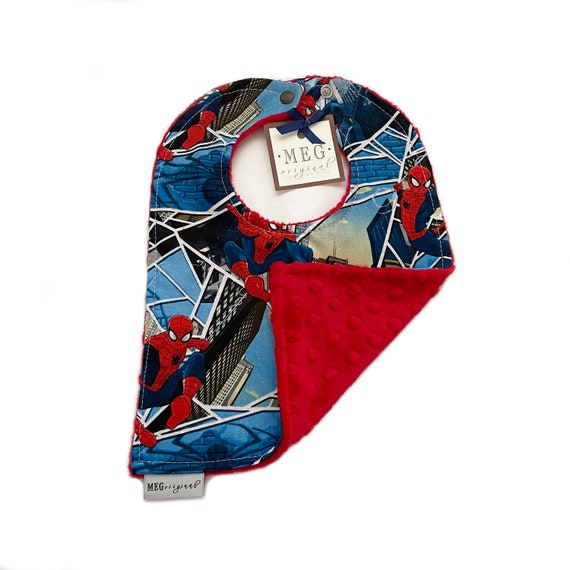 Spiderman Super Hero Bib { Baby / Toddler Boy Adjustable Snap Bib } Washable & Comfy, Blue and Red, Spider Man