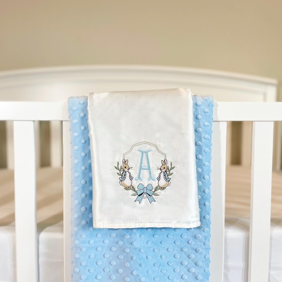 Peter Rabbit Monogrammed Initial Satin + Minky Baby Boy Blanket/Lovey with Loop-Choose Minky Dot Color - Cute Personalized Shower Gift