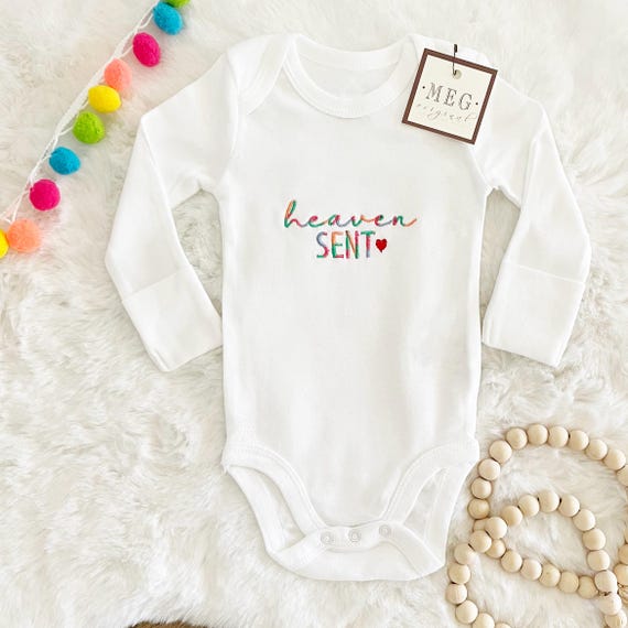 Organic Newborn Baby Bodysuit { Heaven Sent } Embroidered with Heart, Pregnancy Announcement, Shower Gift, Rainbow Baby