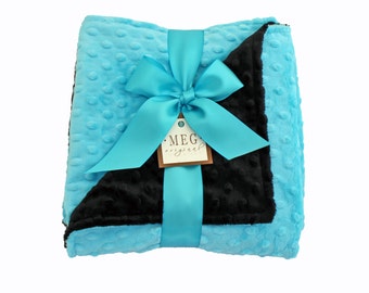 Turquoise & Black Minky Dot Baby Blanket {Carolina Panthers Football Fans} Stroller Size, 30 x 30 inches, Made and Ready to Ship - SALE