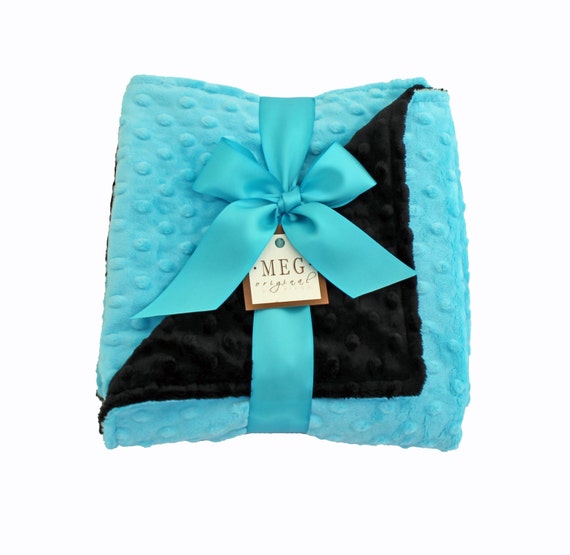 Turquoise & Black Minky Dot Baby Blanket {Carolina Panthers Football Fans} Stroller Size, 30 x 30 inches, Made and Ready to Ship - SALE