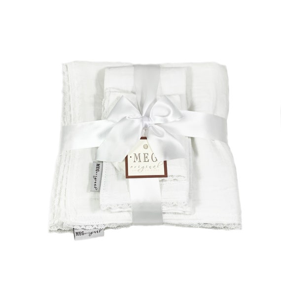 White Lace Baby Shower Gift Set { Heirloom Collection } Blanket + Burp Cloth + Bib