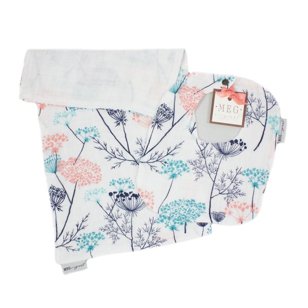 CLEARANCE- Baby Girl Bib & Burp Cloth Set { Floral } Coral, Aqua, Navy Cotton Baby Gift