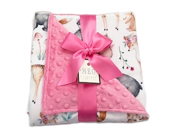 Personalized Baby Girl Minky Blanket { SWEET DARLINGS } Soft Woodland Animals Blanket with Name - Choose Size - Baby Shower Gift