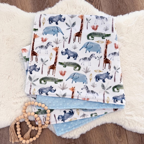 Personalized Baby Blanket { Jungle Parade } Soft Minky Safari Animals + Name or Initials Monogram -Choose Size -Baby Shower Gift