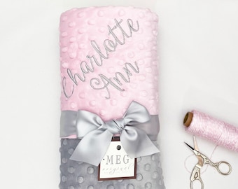 Baby Girl Minky Dot Blanket in Pink and Gray with Option to Personalize with Name or Initials Monogram, Best Baby Shower Gift, Choose Size