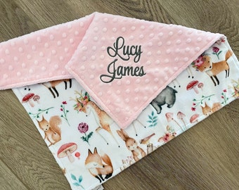 Personalized Baby Girl Minky Blanket { SWEET DARLINGS } Soft Woodland Animals Blanket with Name - Choose Size - Baby Shower Gift