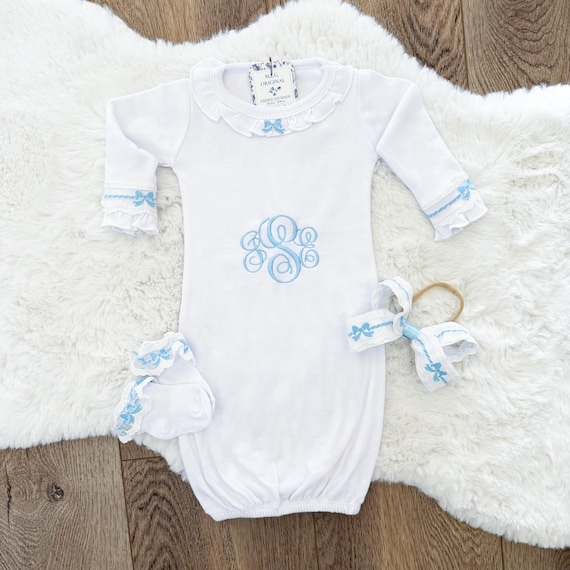 Personalized Baby Girl Going Home Outfit, Blue Bow Lace Trim, Embroidered Cotton Gown Set