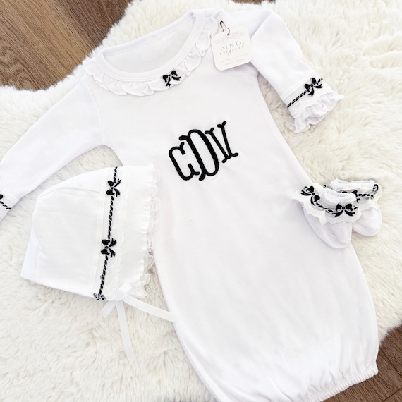 Beautiful Newborn Baby Girl Going Home Outfit { Lavender Bows Gown, Lace Bonnet, & Ruffle Sock Set } Personalized with Embroidered Initials