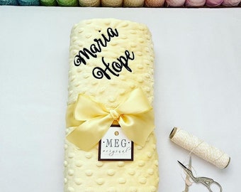 Yellow Minky Dot Baby Blanket { Personalized Baby Shower Gift } Choice of Size and Embroidery, Gender Neutral - Boy - Girl - Unisex, 357