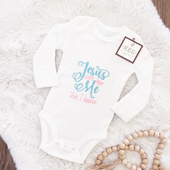 Organic Embroidered Newborn Infant Bodysuit { Jesus Loves Me, This I Know } Christian Baby Shower/Dedication/Baptism/Christening Gift