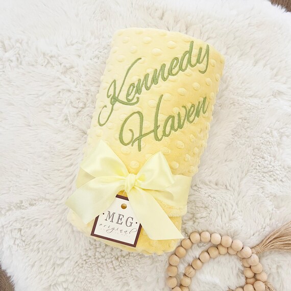 Yellow Minky Dot Baby Blanket { Personalized Baby Shower Gift } Choice of Size and Embroidery, Gender Neutral - Boy - Girl - Unisex, 357