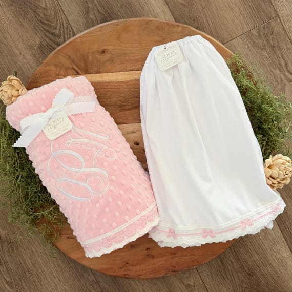 Pink and White Minky Baby Blanket & Crib Skirt with Bow Lace Trim, Personalized