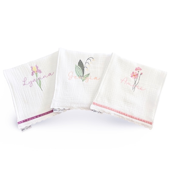 Beautiful Custom Birth Month Flower Embroidered Baby Girl Gift, Soft 100% Cotton + Name, Choose Blanket, Bib, or Burp Cloths