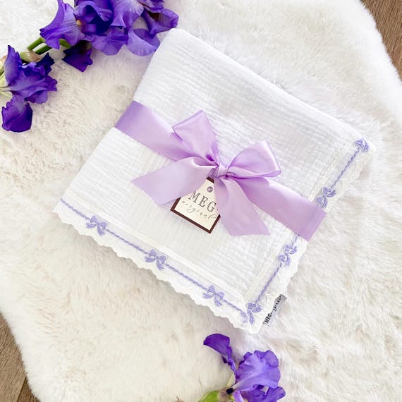 Heirloom Baby Girl Blanket { White & Lavender Bows } Cotton Swaddle Blanket with Delicate Purple Bow Trim Finishing