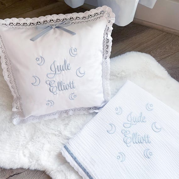 Personalized Decorative Lace Pillow and Blanket { Heirloom Collection } Embroidered Name with Moons & Stars- Baby Nursery Decor-Choose Color