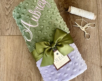 Lavender & Green Minky Dot Baby Girl Blanket { Shower Gift } Personalize w/ Name or Initials - Crib, Stroller, Child, or Lovey Size