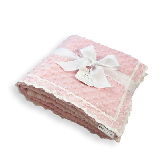 Pink Heirloom Baby Girl Minky Dot Blanket with Delicate White & Pink Bow Lace Trim Finishing + Option to Personalize with Name or Initials