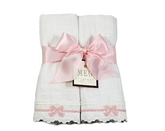 Cotton & Lace Baby Girl Burp Cloth Set of 2 { Heirloom Collection } Pink Bows + Option to Personalize with Name or Initials Monogram
