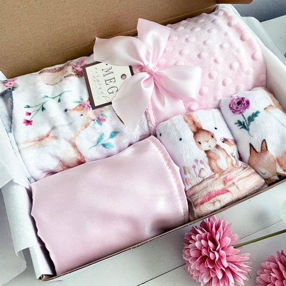 Personalized Boxed Baby Gift Set { Sweet Darlings } Soft Woodland Animals Minky - Blanket + Burp Cloth + Bib + Lovey, Add Embroidered Name