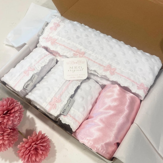 Personalized Baby Deluxe Boxed Gift Set {Heirloom Collection} Blue Bows-Blanket + 2 Burp Cloths + Bib + Satin Lovey - Boys or Girls