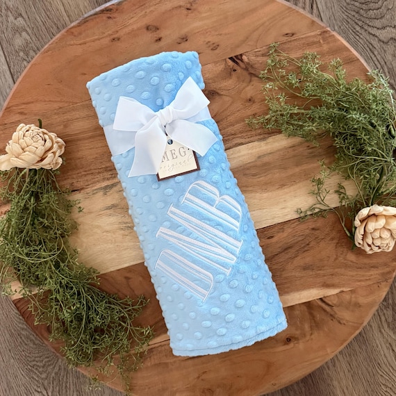 Personalized Baby Blue Minky Dot Blanket – Great Custom Embroidered Shower Gift