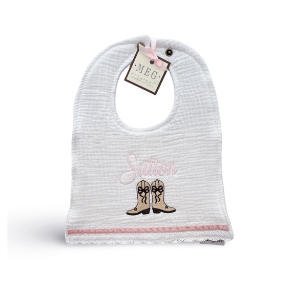 Pretty Baby Girl Bib { Cowgirl Theme with Cute Boots + Name } Soft and Absorbent 100% Cotton with Custom Embroidery, Lace and Pink Trim