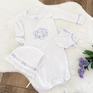 Beautiful Newborn Baby Girl Going Home Outfit { Lavender Bows Gown, Lace Bonnet, & Ruffle Sock Set } Personalized with Embroidered Initials