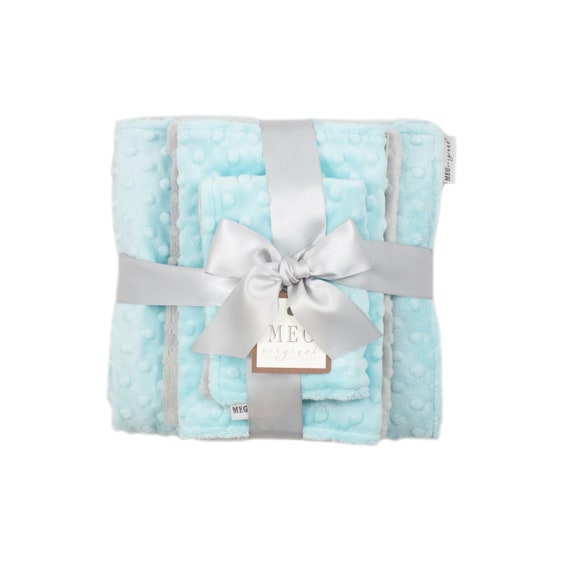 Gray & Aqua Minky Dot Baby Shower Gift Set { Baby Boy, Baby Girl, Gender Neutral } Option to Personalize with Name or Initials Monogram