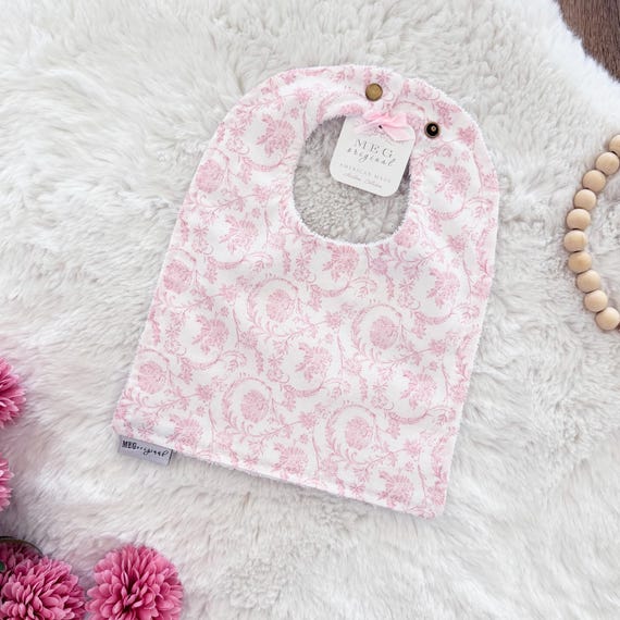 Baby Girl Adjustable Snap Bib { Pink & White Paisley } with Option to Personalize with Name or Initials Monogram
