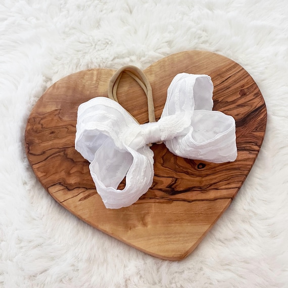 White Lace Bows Baby/Toddler/Little Girl Hair Bow on Super Soft Nylon Headband { Heirloom Collection } Popular Shower Gift