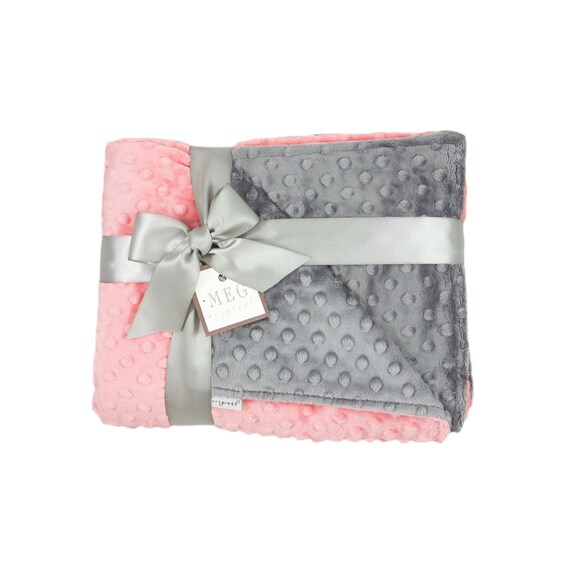 Coral & Charcoal Grey Minky Dot Baby Girl Blanket { Shower Gift } Option to Personalize with Name or Initials - Crib, Stroller, Child, Lovey