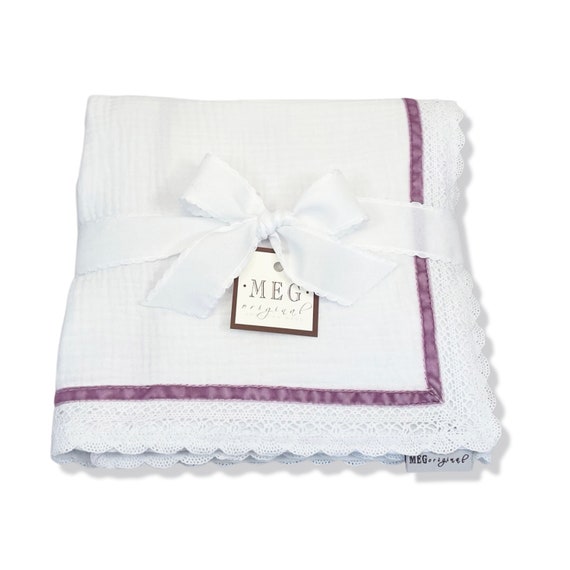 Heirloom Baby Girl Blanket { White & Lilac } Cotton Swaddle Blanket with Delicate Soft Purple Velvet Stripe on White Crochet Trim Finishing