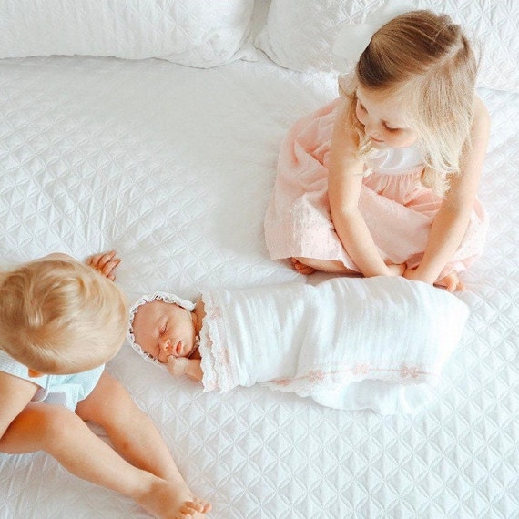 Heirloom Baby Girl Blanket { White & Pink } Cotton Swaddle Blanket with Delicate Pink Bow Trim Finishing
