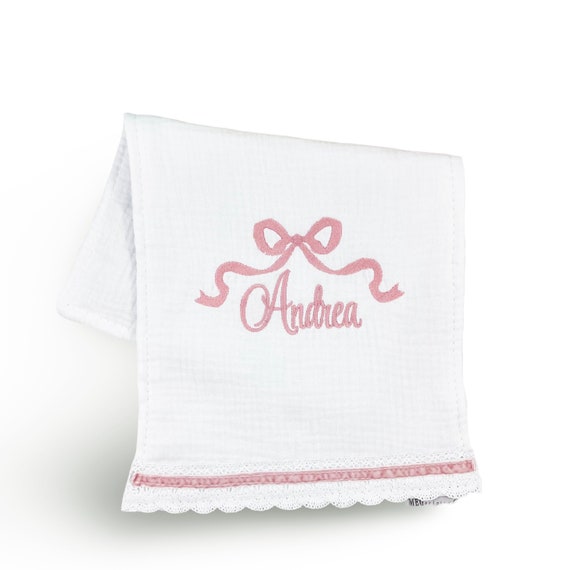 Beautiful Baby Girl Burp Cloths with Bow Embroidery and Name or Initials { Heirloom Collection } White Lace & Pink Velvet Ribbon Shower Gift