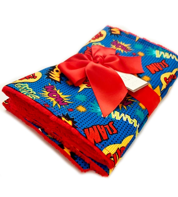 Fun Baby Boy Burp Cloth Set  { Super Hero Comic Words } Blue & Red - POW, WOW, SLAM! Baby Shower Gift with Option to Personalize