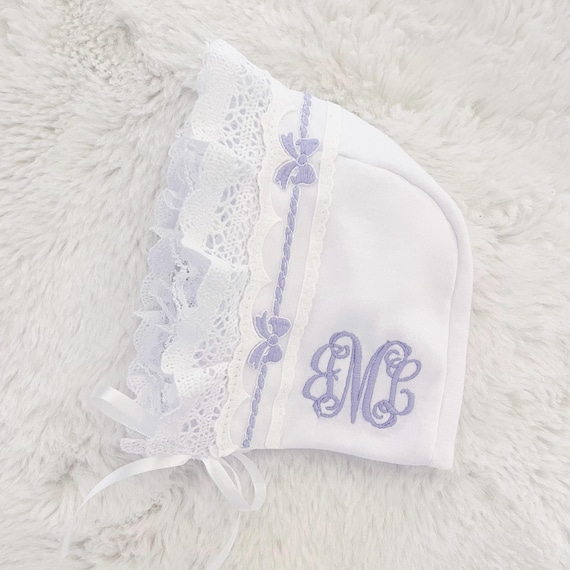 White Baby Girl Lace Ruffle Bonnet with Lavender Bows, 0-6 months Adjustable Tie Cap/Sun Hat Newborn Infant Photography/Photo Prop