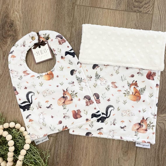 Cute Baby-to-Toddler Adjustable Snap Bib & Burp Cloth Set { Fawn and Friends } Soft, Absorbent and Durable Double Sided Minky