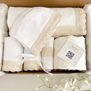 Personalized Deluxe Boxed Baby Shower Gift Set {Heirloom Collection} White with Natural Scallop Trim- Blanket + 2 Burp Cloths + Bonnet + Bib