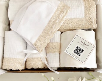 Personalized Deluxe Boxed Baby Shower Gift Set {Heirloom Collection} White with Natural Scallop Trim- Blanket + 2 Burp Cloths + Bonnet + Bib