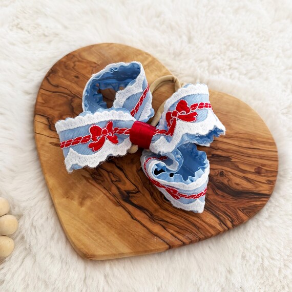 Baby Blue & Red Bows Little Girl Hair Bow - Baby Shower Gift / Portrait, Photo Prop - Headband or Clip