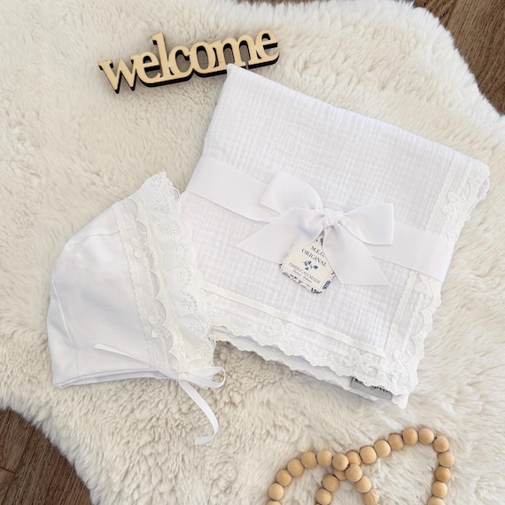 Heirloom Baby Girl Swaddle Blanket and Bonnet Set { White Bows } Infant / Newborn Photo / Photography / Baptism / Christening / Dedication