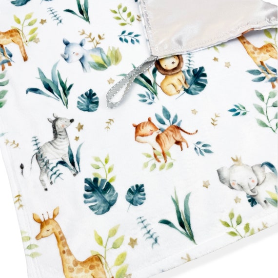 Satin + Minky Baby Security Blanket / Lovey with Loop { Safari Babies } Royal Jungle Animals in Crowns Theme in your Choice of Satin Color