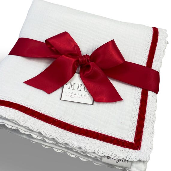 White & Red Christmas Baby Blanket { Heirloom Collection } Cotton Swaddle Blanket with Delicate Red Velvet Stripe on White Crochet Trim